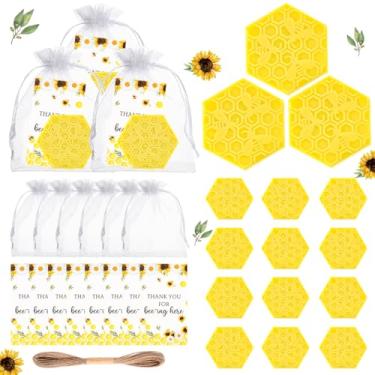 Imagem de KBDHYY Conjunto de 50 sabonetes com tema de abelha, lembrancinhas de chá de bebê, mini favo de mel feito à mão, sabonete, presente com cartão de agradecimento, sacos de organza para convidados