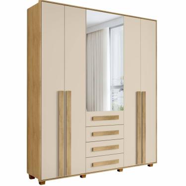 Imagem de Guarda Roupas de casal RV Móveis Las Vegas III largura de 190 cm 5 portas 4 gavetas com espelho pês Cinamomo OFF White