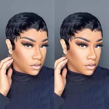 Imagem de Perucas curtas e retas com franja para mulheres negras, cabelo humano virgem brasileiro, perucas curtas em camadas, sem gel, feitas à máquina, sem cola, touca de rede rosa com cor 1B