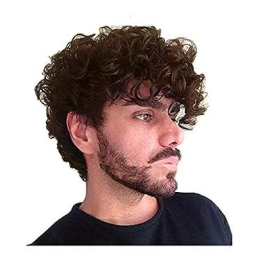 Imagem de Baruisi Peruca masculina cacheada curta marrom fofa sintética cosplay Halloween cabelo peruca para homens