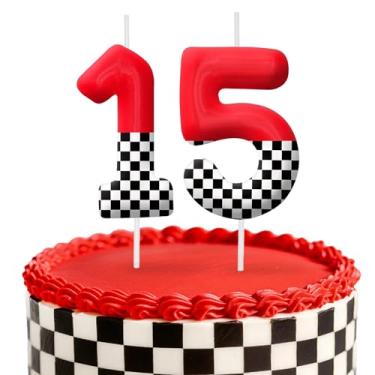Imagem de Velas de aniversário de carro de corrida, decoração de topo de bolo de 6 cm, bandeira quadriculada número 15 velas, decorações de aniversário, decorações de bolo de festa de aniversário, suprimentos