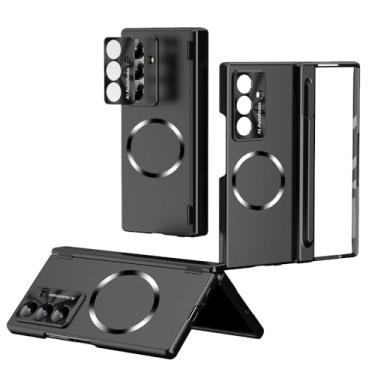 Imagem de Capa magnética para Samsung Galaxy Z Fold 7 5 6 com protetor de tela de vidro embutido, uma caneta, proteção de dobradiça, capa fosca (dobra 7, preta)