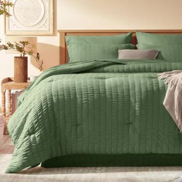 Imagem de Laojin Balhen Conjunto de edredom King, 8 peças, cama king em saco verde-oliva com lençóis, edredom com edredom, lençóis, fronha, fronha e saia para cama king size