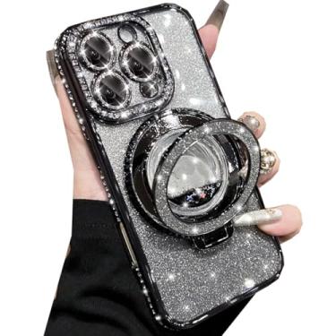 Imagem de Changjia Capa com suporte de glitter para iPhone 16 Pro Max, luxuosa, brilhante, diamante, strass, com protetor de câmera, anel fluido líquido, suporte de TPU (poliuretano termoplástico), capa