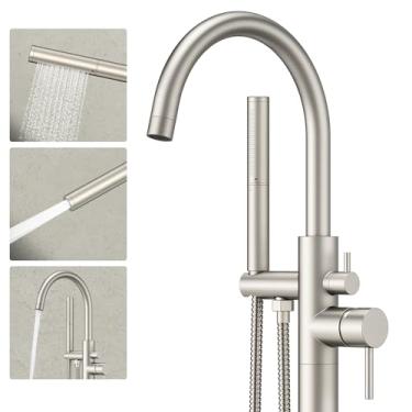 Imagem de Torneira de banheira independente de níquel escovado para enchimento de piso de metal livre para banheiro bico pescoço de ganso com chuveiro de mão de 2 funções