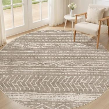 Imagem de Nakagishi Tapete redondo Boho Area Rugs: 4x4 lavável grande círculo neutro macio resistente a manchas tapete antiderrapante para mulheres de 25-45 anos entusiastas de decoração de casa de fazenda