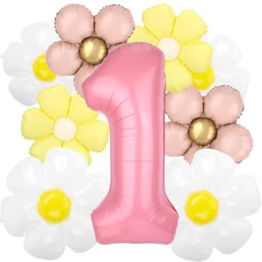 Imagem de Goktvai 9 Decorações para Festa de 1º Aniversário, Balões Número 1 e Flores Coloridas Margarida Balões Reutilizáveis e Estilosos para Chá Bebé Casamento Aniversário Decoração Festa