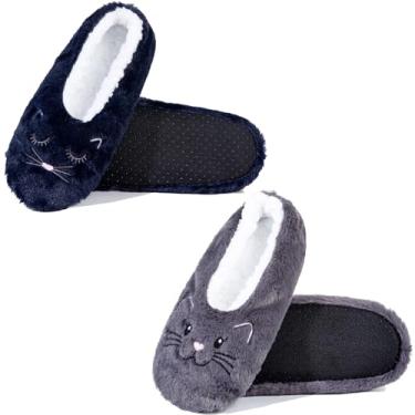 Imagem de GLENMEARL 2 pares de meias femininas com aderência, sola macia, antiderrapante, para o inverno, quente, casa, quarto, chinelos internos, Azul marinho + cinza, 5-7