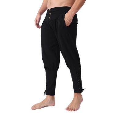 Imagem de Fantasia masculina vintage listrada de pirata, calça medieval de Hallo