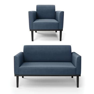Imagem de Sofá Namoradeira com Poltrona Base de Madeira Fixa Preto Marisa Suede Azul Marinho  D03 - D'Rossi