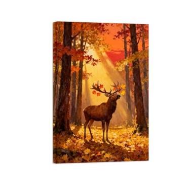 Imagem de Quadro arte parede outono-Cervo sol floresta Impressões em tela paisagens-Pintura animais para decoração sala estar 20x30cm Tela Embrulhada