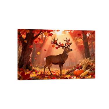 Imagem de Quadro arte parede outono-Veado colhendo árvore Impressões em tela paisagens-Pintura animais para decoração sala estar 20x30cm Tela Embrulhada