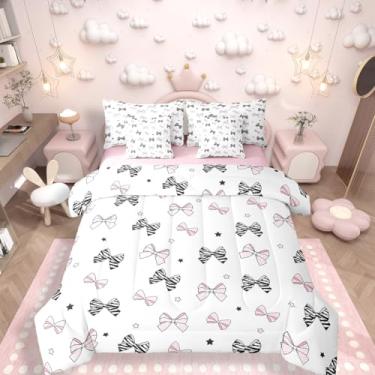 Imagem de Jogo de cama para meninas, solteiro, com laço e laço preto, 7 peças, lindo, feminino, com estrelas, nó e laço e edredom para quarto de crianças, adolescentes, decoração de quarto fofo, kawaii