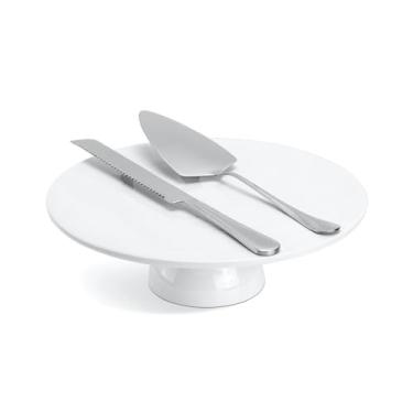 Imagem de Yedio Suporte de bolo de porcelana de 30,5 cm, suporte redondo para sobremesa, suporte de cupcake para festas de aniversário, casamentos, chás de bebê e outros eventos, branco (com conjunto de faca e