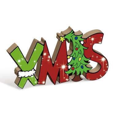 Imagem de Putuo Decor Placa de Natal Independente Natal Letras de Natal Decoração de Mesa Estilo Rústico Desenhos Animados Sinais de Feliz Natal para Decoração de Casa Interior de Mesa Cornija 20 x 9,9 cm