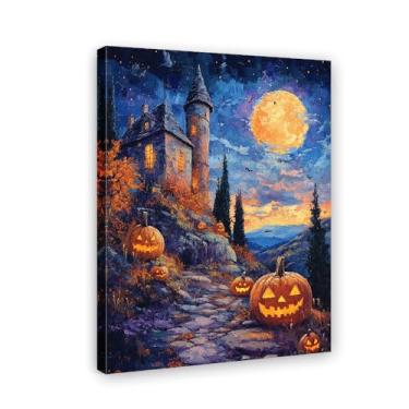 Imagem de Pintura de arte de parede de Halloween Impressão em tela de castelo enevoado amigável - decoração de parede engraçada céu estrelado abóbora para crianças pôster de Halloween (emoldurado/sem moldura