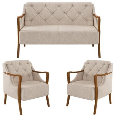 Imagem de Kit Namoradeira 135cm E 2 Poltronas Decorativas Capitonê Lapa M22 Linho Cru Liso - Mpozenato