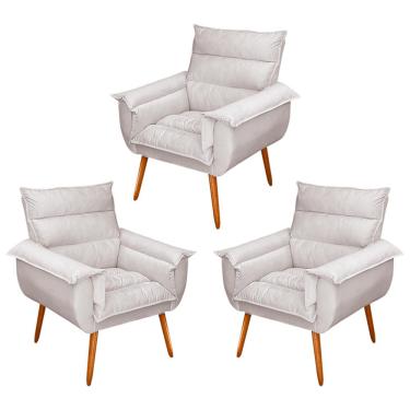 Imagem de Kit 03 Poltronas Decorativas Modernas Sala e Recepção Monza Pés Palito Veludo Bege - Desk Design