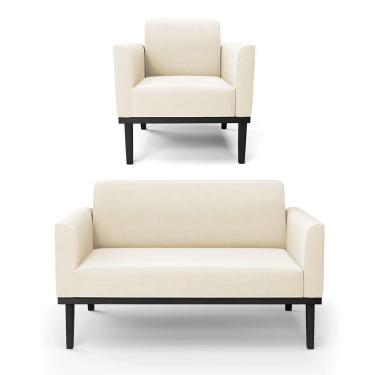 Imagem de Sofá Namoradeira Com Poltrona Base De Madeira Fixa Preto Marisa Veludo D03 - D'Rossi Bege