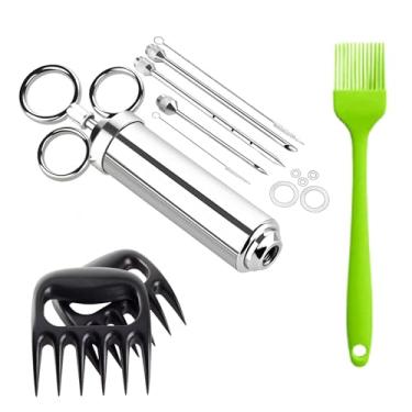 Imagem de Big Kitchen Kit de injetor de carne com garras de trituração de carne e escova de silicone para churrasco, marinada, conjunto de injetor para fumar, grelhar, assar e cozinhar, seringa de aço