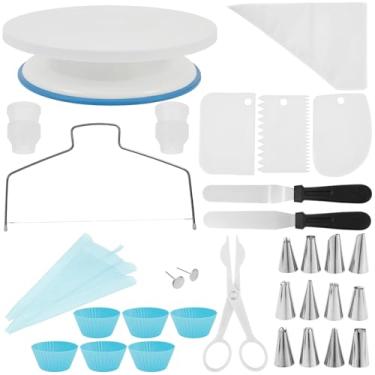 Imagem de Kit de suprimentos de decoração de bolos, conjunto de acessórios para assar bolos, kit de decoração de mesa giratória com suporte antiderrapante, saco de confeitar e raspador de ponta para padeiro
