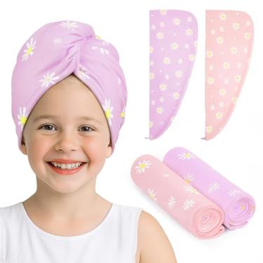 Imagem de Unicorn Castle Toalha de cabelo de microfibra para crianças, pacote com 2 toalhas de cabelo absorventes para secar o cabelo, turbantes para cabelos cacheados e grossos, margarida rosa roxa
