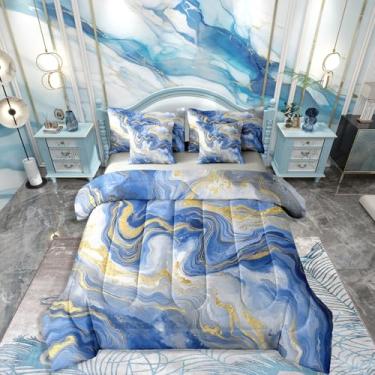 Imagem de Conjunto de edredom Queen de grão de mármore com lençóis, geométrico, minimalista, 7 peças, arte fluida de tinta de mármore abstrata, conjunto de cama clássico, simples, moderno, estético, decoração