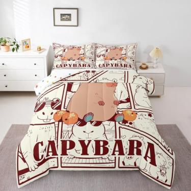 Imagem de Conjunto de edredom solteiro com desenho kawaii, estampa de animais selvagens, estampa de animais selvagens, tema natural, para crianças, meninas, meninos, roedores fofos, vida selvagem, bege, bege