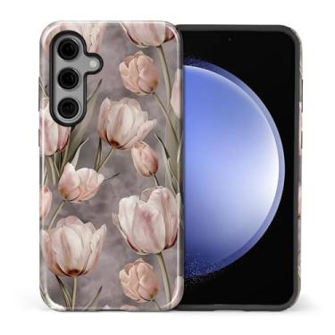 Imagem de Capa compatível com Samsung Galaxy S24, capa rígida híbrida de policarbonato de 2 camadas + capa protetora de silicone, capa à prova de choque resistente a arranhões de tulipa rosa para Samsung Galaxy