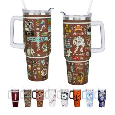 Imagem de aiwkjdns Garrafa de água de futebol infantil de 1,134 g, copo com alça de palha, presente para amantes de futebol de 1,134 g, copo de futebol com isolamento de aço inoxidável duplo, caneca de café,