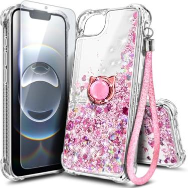 Imagem de Capa NGB projetada para iPhone 16e, ouro rosa | Capa fofa com glitter líquido brilhante para mulheres, meninas e crianças | com protetor de tela de vidro temperado, suporte de anel e alça de pulso