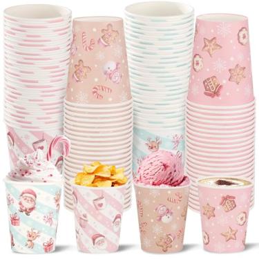 Imagem de CIEOVO 100 peças de copos de papel de cacau quente de Natal rosa 255 g descartáveis flocos de neve copos de café de Natal bebida quente para festa de Natal, suprimentos para bebidas, chá quente