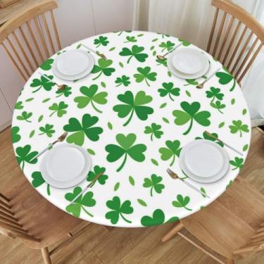 Imagem de KiuLoam Toalha de mesa redonda de trevo verde branco de São Patrício com borda elástica lavável toalha de mesa para decoração externa de patrulha de cozinha serve para 101,6 a 112 cm, pequena