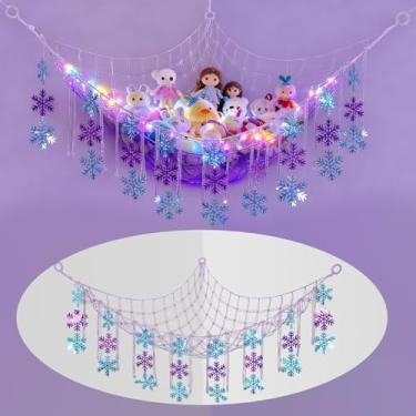 Imagem de Wesnoy Rede de animais de pelúcia de floco de neve de inverno com luz LED para berçário, decoração de quarto de inverno, floco de neve, rede de teto de pelúcia, organizador de brinquedos, azul, roxo