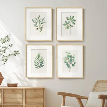 Imagem de Arte de parede botânica verde sálvia emoldurada para decoração de quarto, 4 peças de arte minimalista de plantas de fazenda para paredes, imagens de folhas vintage boho para banheiro, quarto, cozinha,
