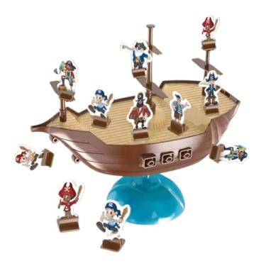Imagem de Jogo Não Derrube o Barco Pirata, Brinquedo Educativo de Equilíbrio, Plástico Resistente, Marrom, para 2-4 Jogadores, Idade +3 Anos, com 16 Bases e 3 Mastros