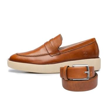 Imagem de Sapato Social Mocassim Masculino em Couro Sintético, Sola Tratorada 2cm, Estilo Elegante com Cinto (Whisky, BR, Adulto, Numérico, 44)