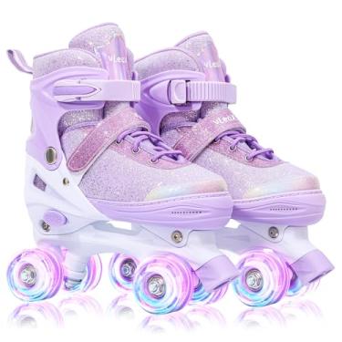Imagem de VleoX Patins para meninas, crianças, iniciantes, 4 tamanhos ajustáveis, rodas iluminadas, divertidas, roxo, rosa, patins para meninos e crianças