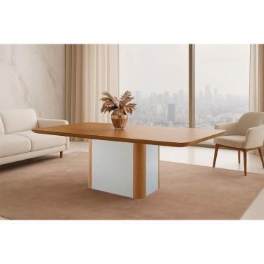 Imagem de Mesa De Sala Jantar Pietá C/ Tampo Madeirado C/ Canto Curvo 180x90cm Off White/naturale/naturale - Rufato