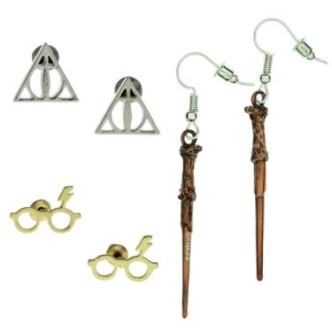 Imagem de Brincos femininos Harry Potter pacote com 3 Relíquias da Morte, Cicatriz Relâmpago, Varinha Harry Potter