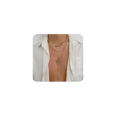 Imagem de Mexegy Colar em camadas de ouro/prata com pingente de cruz de espinha de peixe, colar vintage com contas de moedas empilháveis em Y, acessórios de joias para banquete, presente para mulheres, Large