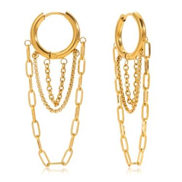 Imagem de Brincos de argola pequenos com pingente de corrente de borla para mulheres de aço inoxidável banhado a ouro 18 quilates com elos pendurados em camadas para cartilagem e argolas, piercing e punhos