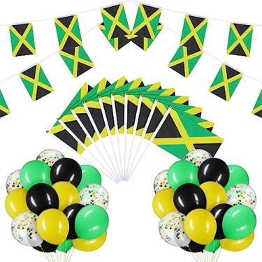 Imagem de Lenwen Conjunto de 56 peças de decorações de festa da Jamaica, 2 bandeiras de cordas jamaicanas, 10 bandeiras pequenas da Jamaica, 40 balões de látex de confetes verdes e amarelos pretos 4 fitas para