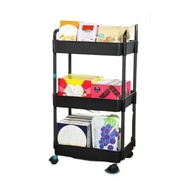 Imagem de Carro de Armazenamento com 3 Andares - Organizador de Plástico Versátil com Rodas para Cozinha, Banheiro,(Preto-3 Camadas)