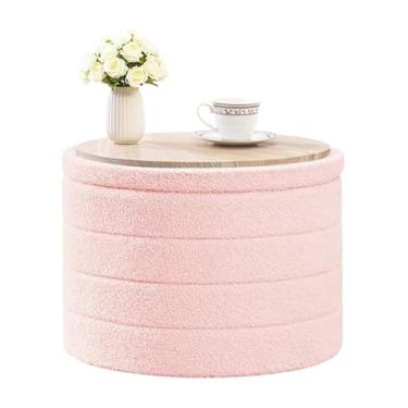 Imagem de CAIPINFUL Otomano redondo com armazenamento, mesa de centro boucle otomana, apoio para os pés para corredor, sala de estar, quarto - rosa