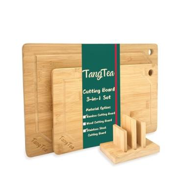 Imagem de TangTea Conjunto de tábua de corte grande com suporte para cozinha | Combo de tábua de bambu e aço inoxidável, tábuas de cortar economia de espaço com ranhuras de suco para carne, legumes e frutas