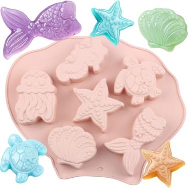 Imagem de EPYHREHM 6 moldes de chocolate de silicone animal oceano cavidade cauda de sereia água-viva estrela do mar molde de doces para decoração de bolo de chocolate e doces