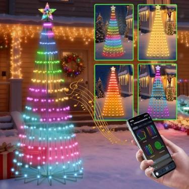 Imagem de THKFUL Luz de árvore de cone de Natal inteligente, 2,5 m, 500 LED RGB que muda de cor, luzes artificiais com temporizador e sincronização de música, faça você mesmo, à prova d'água, decoração de