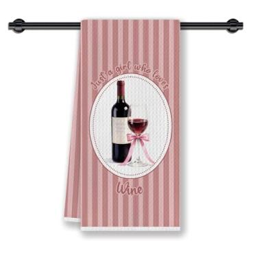Imagem de CosxHabitat Toalhas de prato de cozinha para presentes de vinho, presentes para amantes de vinho, garrafa de taça de vinho com laço rosa, toalhas de chá decorativas listradas para carrinho de bar de