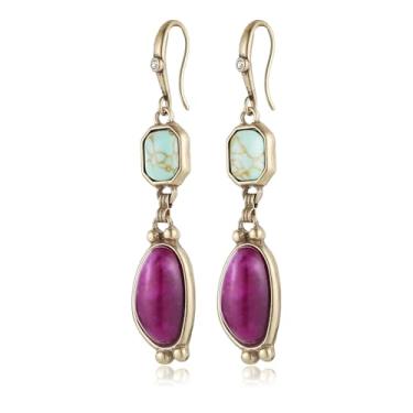 Imagem de HZMAN Brincos longos feitos à mão com ametista e turquesa, elegantes brincos pendentes de latão para mulheres, presente para festa e formatura